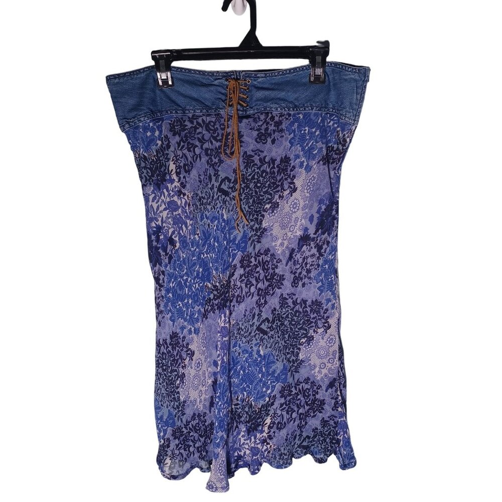 Vintage Faded Glory Dress Womens 14 Strapless Blue Floral Cottagecore Western